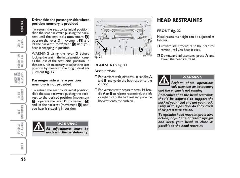 Head restraints | FIAT 500 User Manual | Page 27 / 186