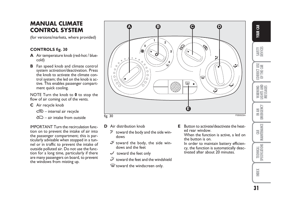 Manual climate control system | FIAT 500 User Manual | Page 32 / 186