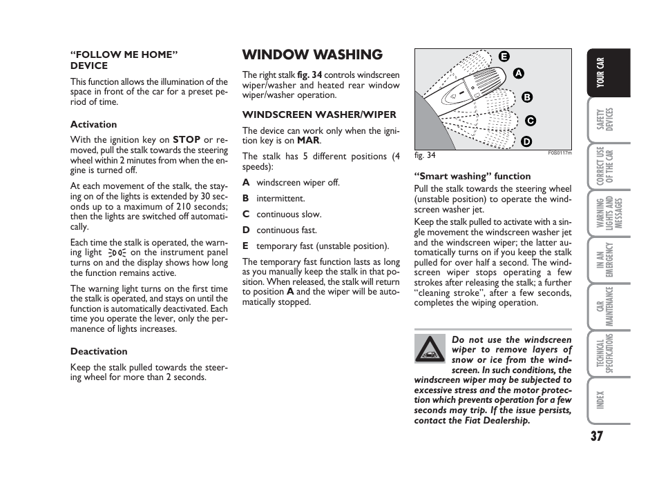 Window washing | FIAT 500 User Manual | Page 38 / 186