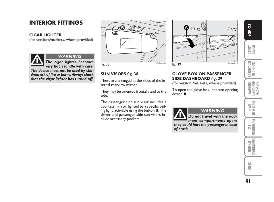 Interior fittings | FIAT 500 User Manual | Page 42 / 186