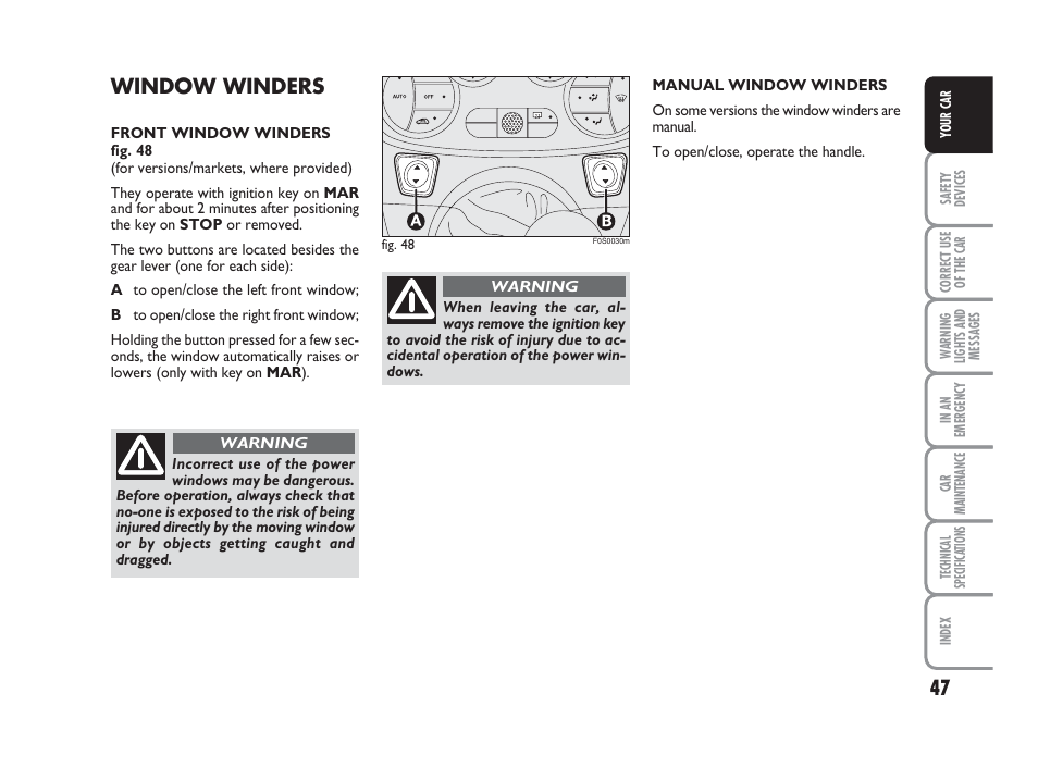 Window winders | FIAT 500 User Manual | Page 48 / 186