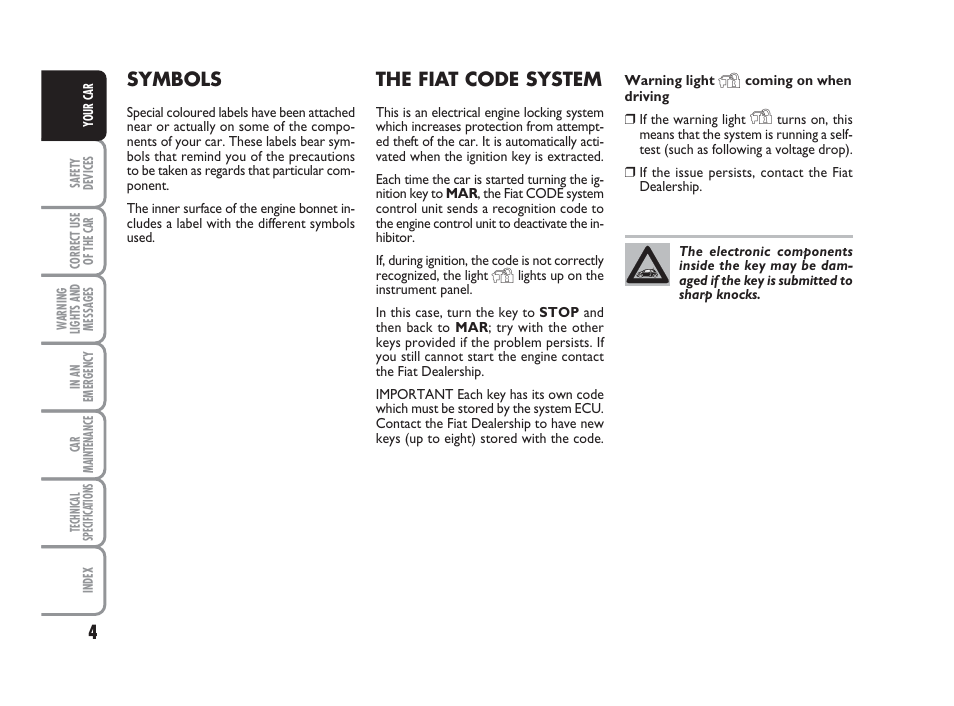 Symbols, The fiat code system | FIAT 500 User Manual | Page 5 / 186