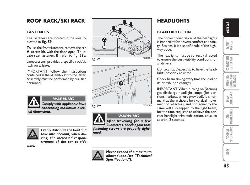 Headlights, Roof rack/ski rack | FIAT 500 User Manual | Page 54 / 186