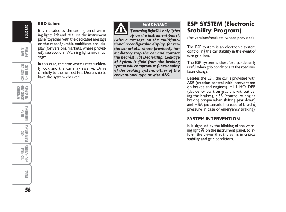 Esp system (electronic stability program) | FIAT 500 User Manual | Page 57 / 186