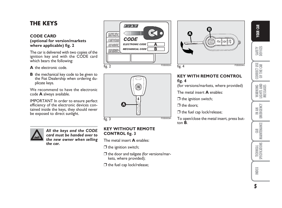 The keys | FIAT 500 User Manual | Page 6 / 186