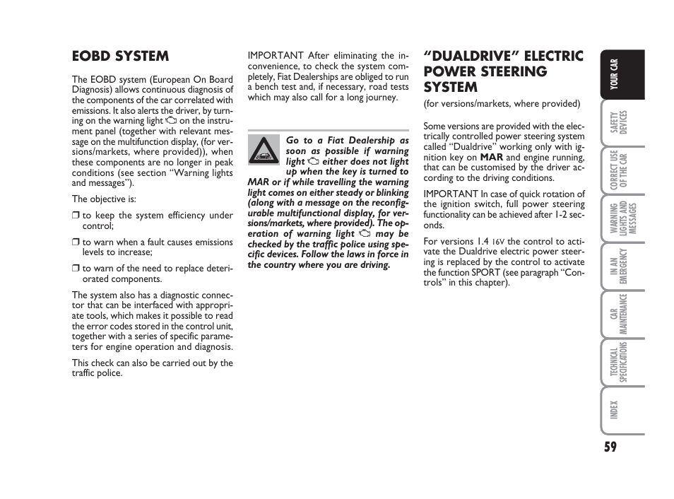 Dualdrive” electric power steering system, Eobd system | FIAT 500 User Manual | Page 60 / 186