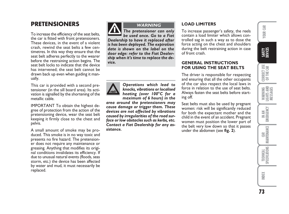 Pretensioners | FIAT 500 User Manual | Page 74 / 186