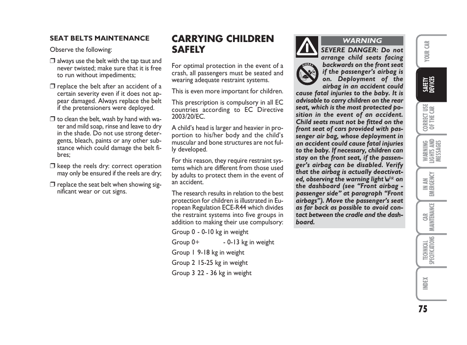 Carrying children safely | FIAT 500 User Manual | Page 76 / 186