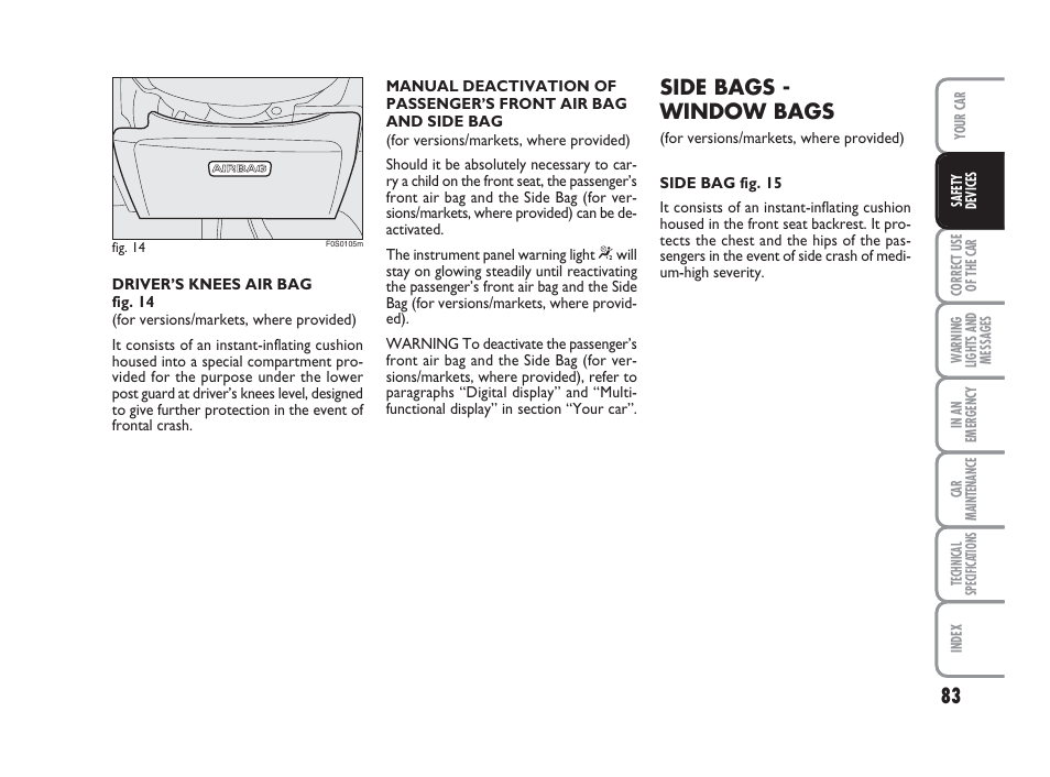 Side bags - window bags | FIAT 500 User Manual | Page 84 / 186