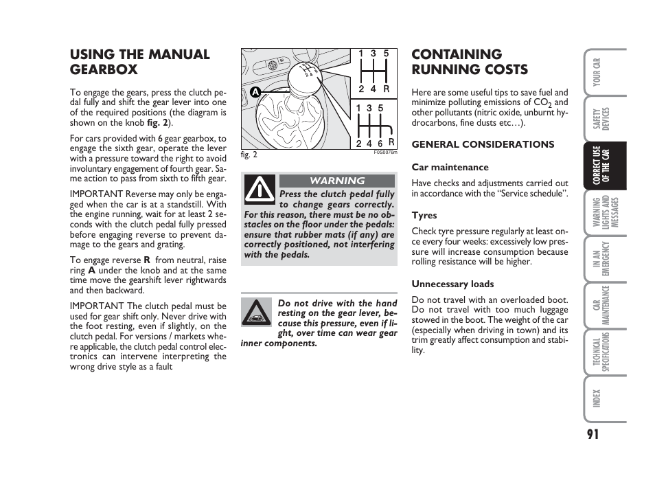 Using the manual gearbox, Containing running costs | FIAT 500 User Manual | Page 92 / 186