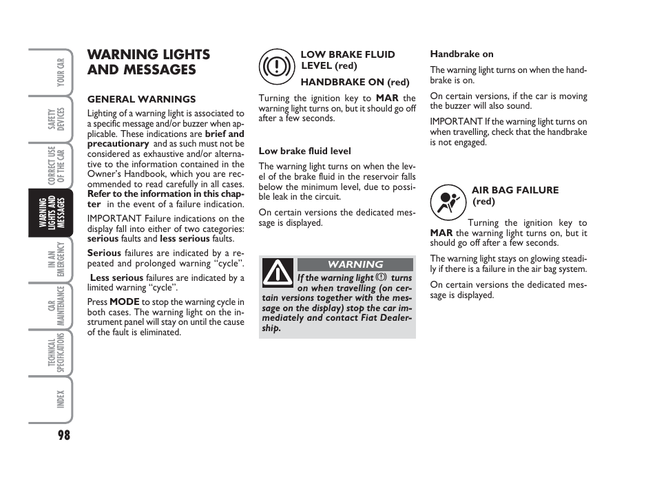 Warning lights and messages | FIAT 500 User Manual | Page 99 / 186