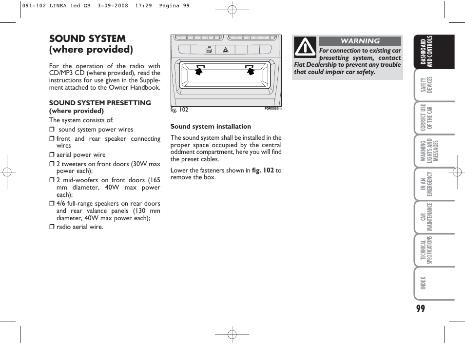 Sound system (where provided) | FIAT Linea User Manual | Page 100 / 234