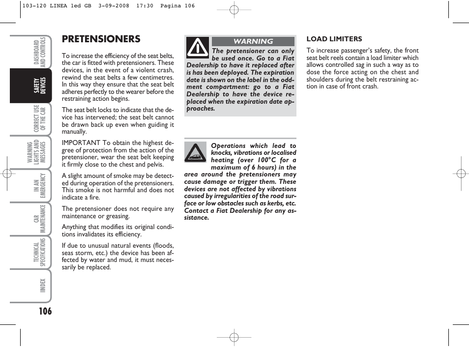 Pretensioners | FIAT Linea User Manual | Page 107 / 234