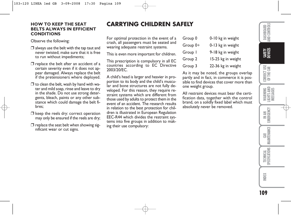 Carrying children safely | FIAT Linea User Manual | Page 110 / 234