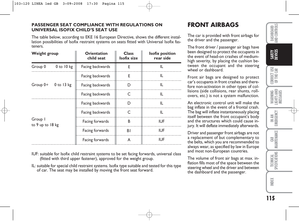 Front airbags | FIAT Linea User Manual | Page 116 / 234