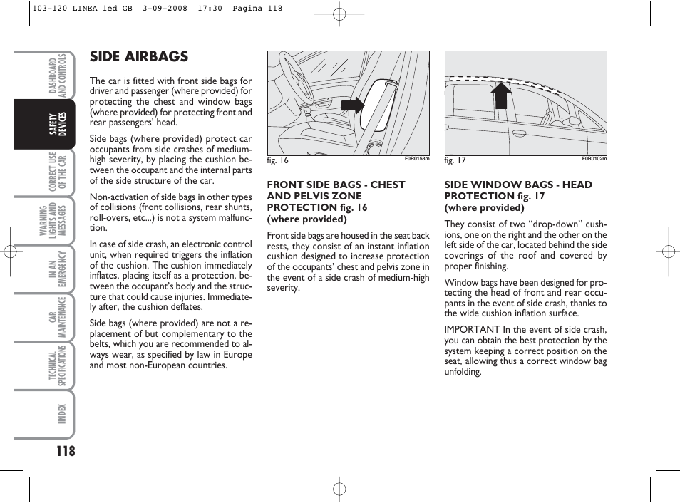 Side airbags | FIAT Linea User Manual | Page 119 / 234