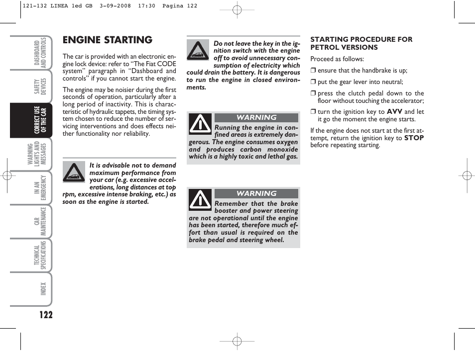 Engine starting | FIAT Linea User Manual | Page 123 / 234