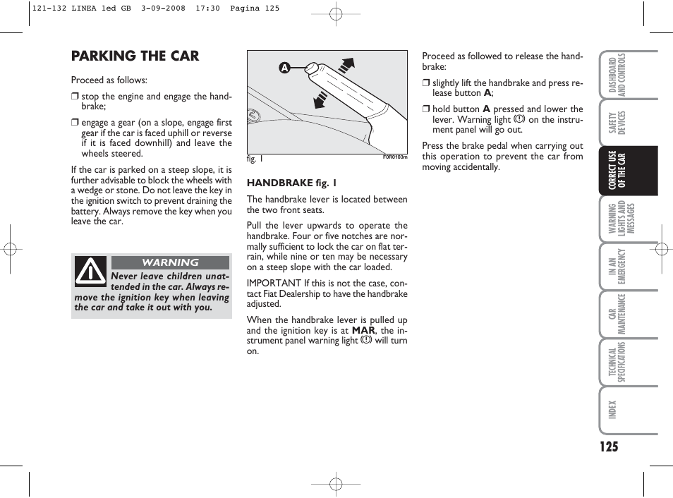 Parking the car | FIAT Linea User Manual | Page 126 / 234