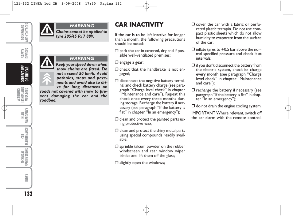 Car inactivity | FIAT Linea User Manual | Page 133 / 234