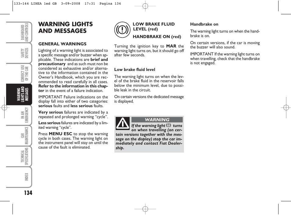 Warning lights and messages | FIAT Linea User Manual | Page 135 / 234