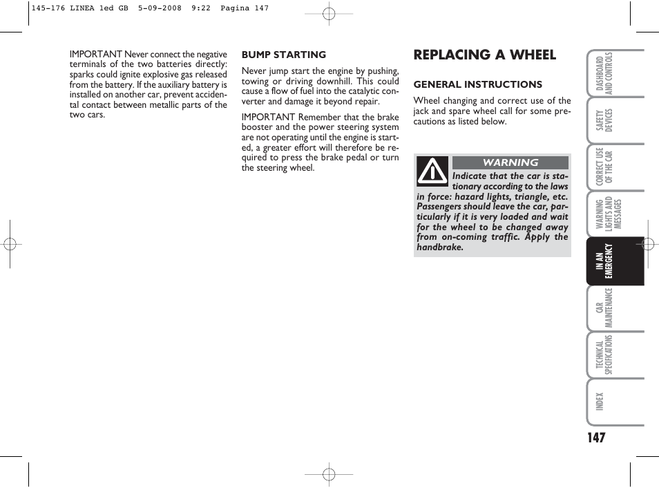 Replacing a wheel | FIAT Linea User Manual | Page 148 / 234