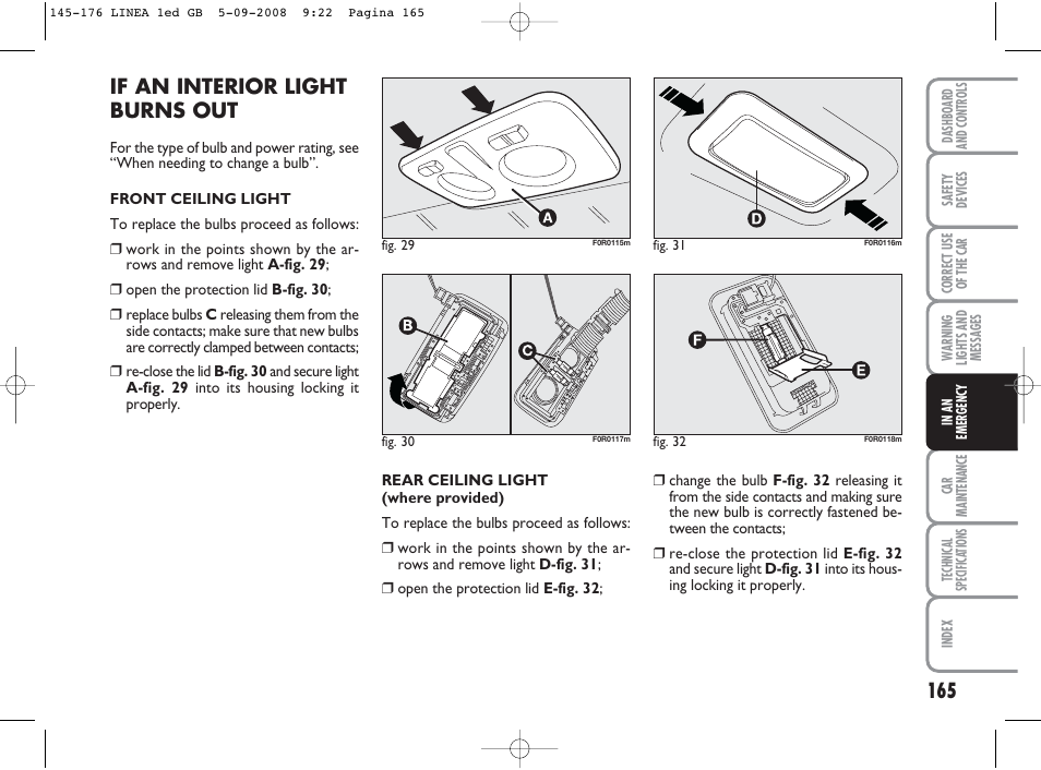 If an interior light burns out | FIAT Linea User Manual | Page 166 / 234