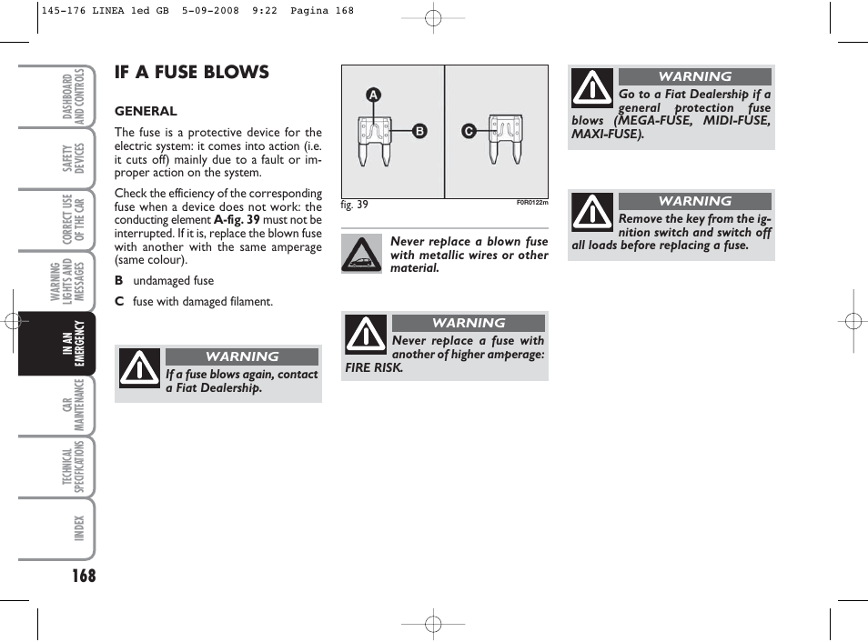 If a fuse blows | FIAT Linea User Manual | Page 169 / 234