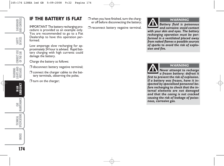 If the battery is flat | FIAT Linea User Manual | Page 175 / 234