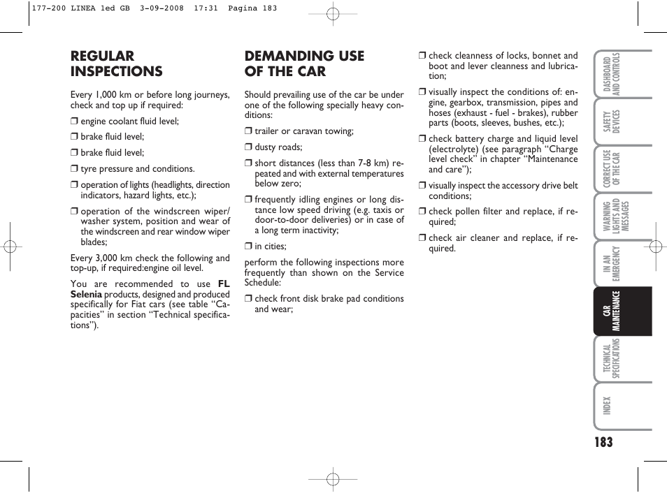 Demanding use of the car, Regular inspections | FIAT Linea User Manual | Page 184 / 234