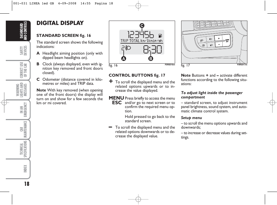 Digital display | FIAT Linea User Manual | Page 19 / 234