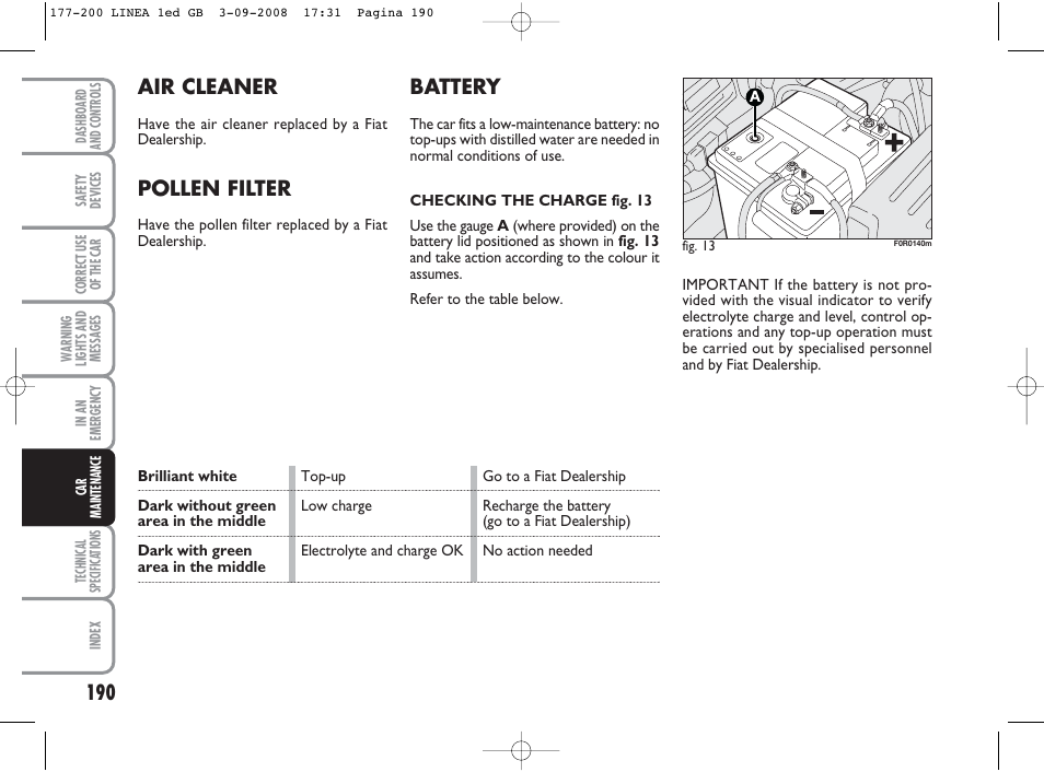 Battery, Air cleaner, Pollen filter | FIAT Linea User Manual | Page 191 / 234