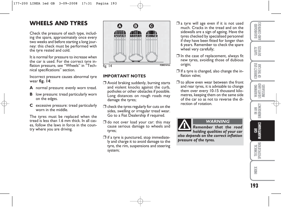 Wheels and tyres | FIAT Linea User Manual | Page 194 / 234