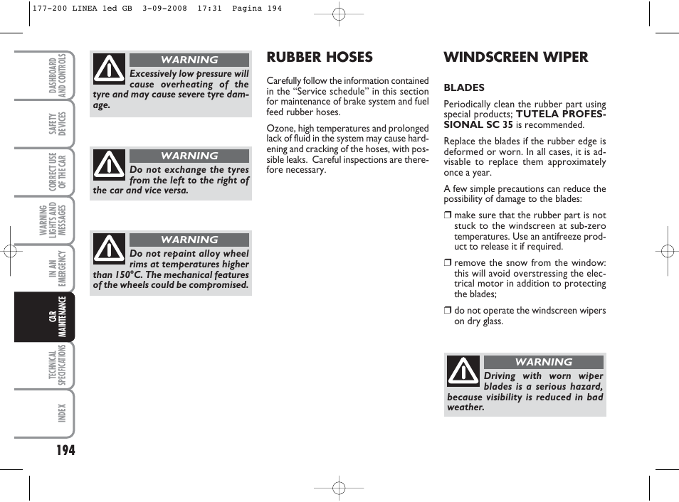 Windscreen wiper, Rubber hoses | FIAT Linea User Manual | Page 195 / 234