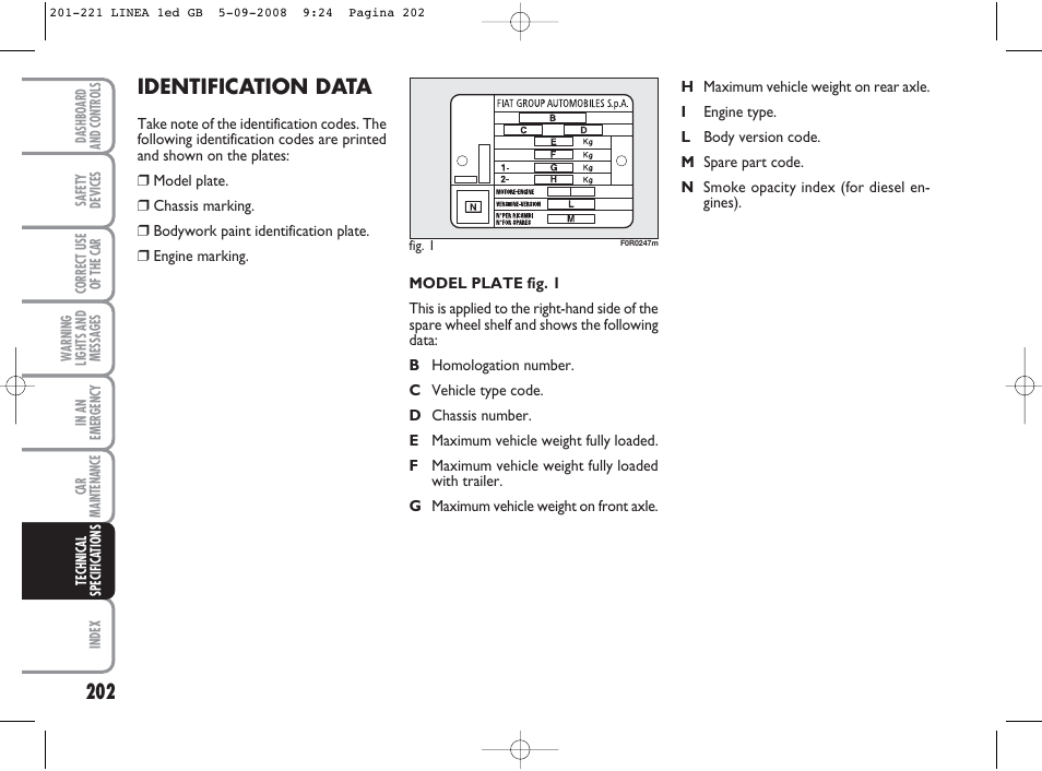 Identification data | FIAT Linea User Manual | Page 203 / 234