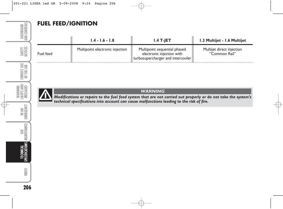 Fuel feed/ignition | FIAT Linea User Manual | Page 207 / 234