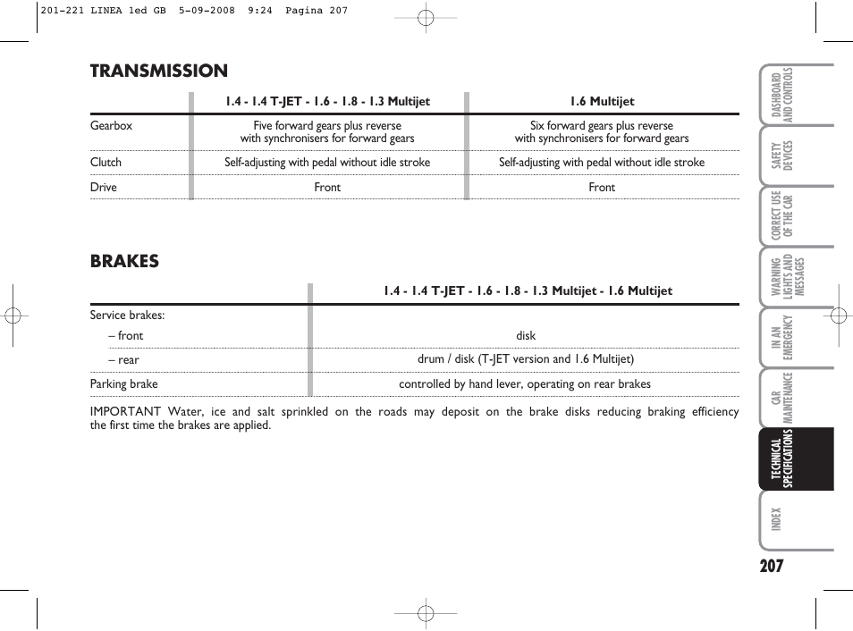 Transmission, Brakes | FIAT Linea User Manual | Page 208 / 234