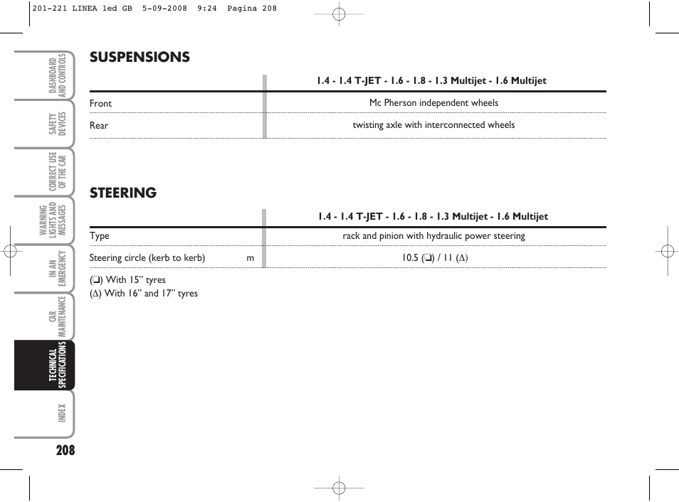 Suspensions, Steering | FIAT Linea User Manual | Page 209 / 234