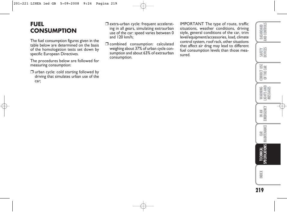 Fuel consumption | FIAT Linea User Manual | Page 220 / 234