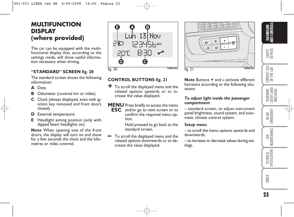 Multifunction display (where provided) | FIAT Linea User Manual | Page 24 / 234