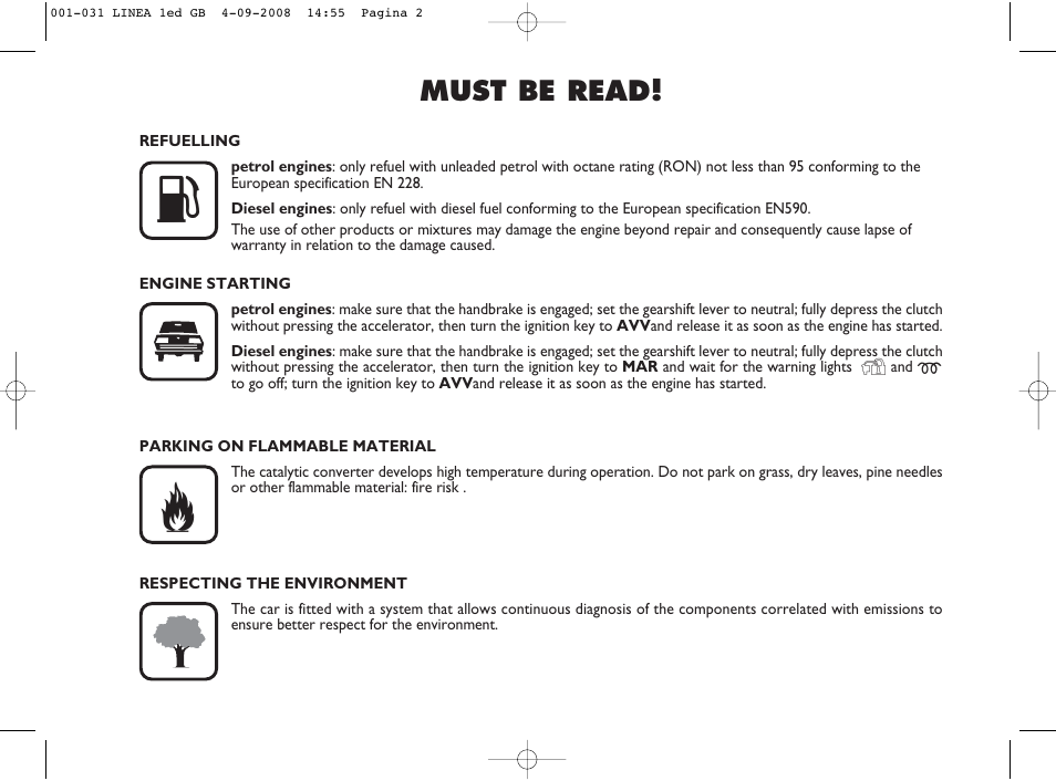 Must be read | FIAT Linea User Manual | Page 3 / 234