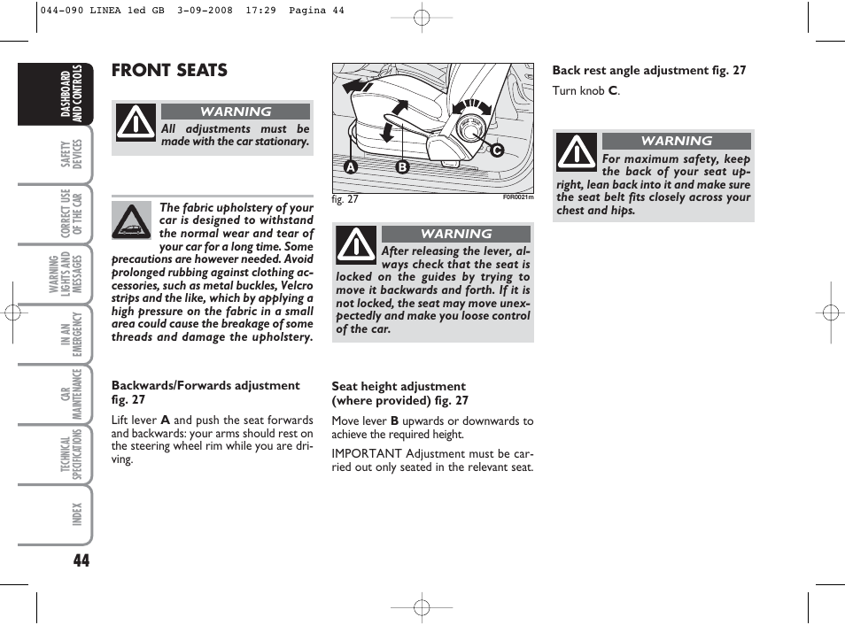 Front seats | FIAT Linea User Manual | Page 45 / 234