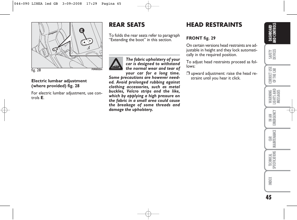 Head restraints, Rear seats | FIAT Linea User Manual | Page 46 / 234