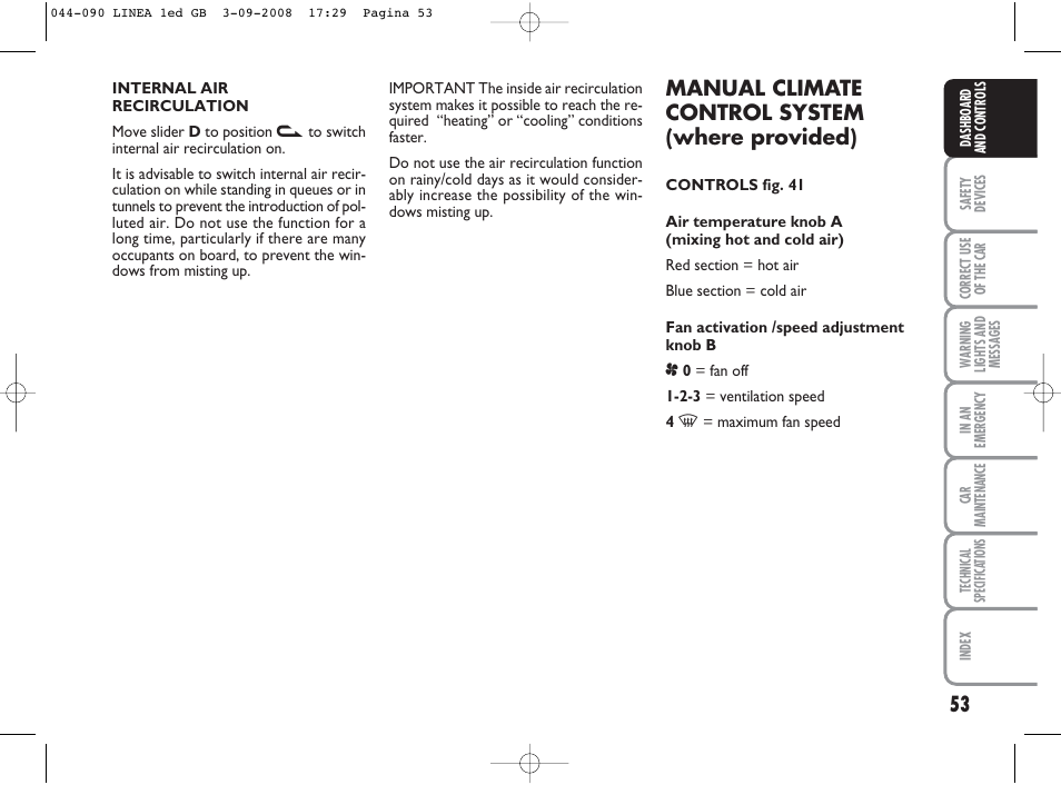 Manual climate control system (where provided) | FIAT Linea User Manual | Page 54 / 234