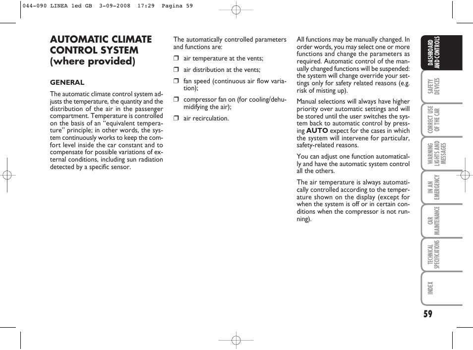 Automatic climate control system (where provided) | FIAT Linea User Manual | Page 60 / 234