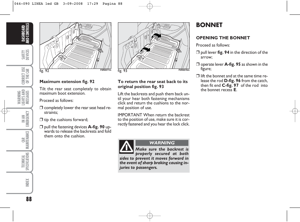 Bonnet | FIAT Linea User Manual | Page 89 / 234