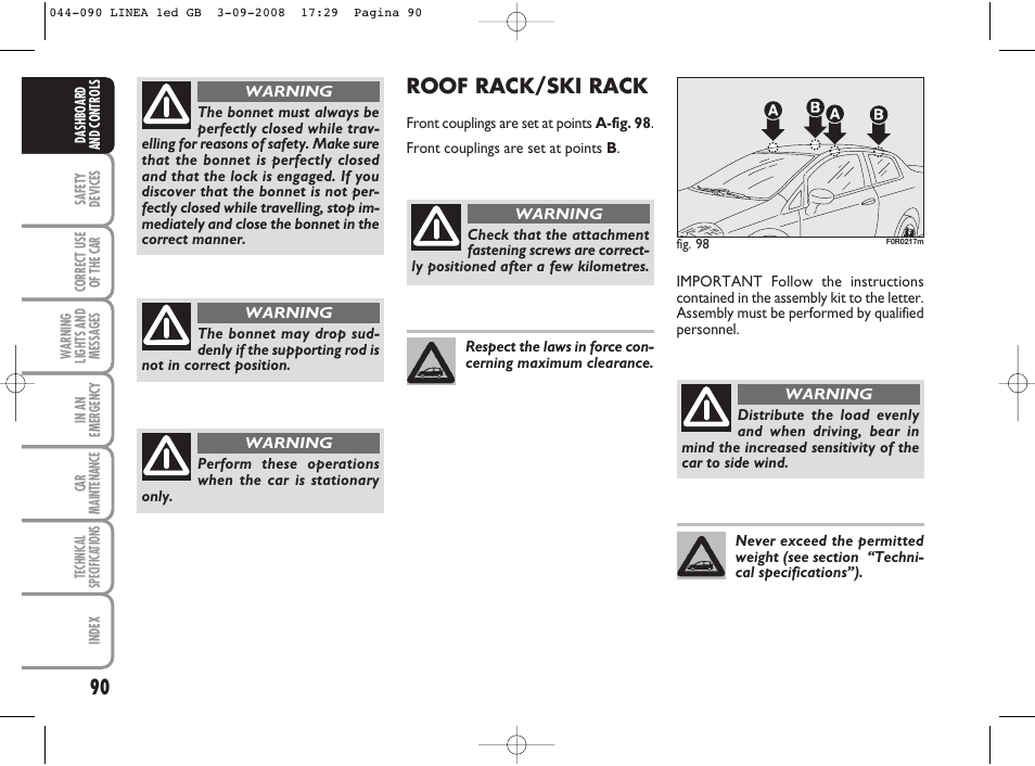 Roof rack/ski rack | FIAT Linea User Manual | Page 91 / 234