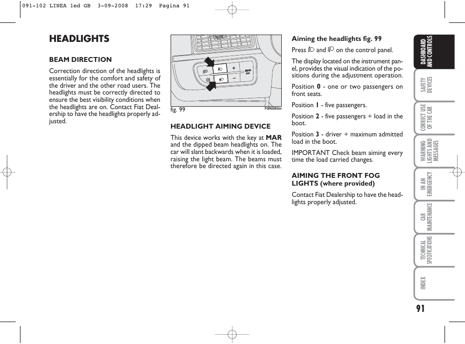 Headlights | FIAT Linea User Manual | Page 92 / 234