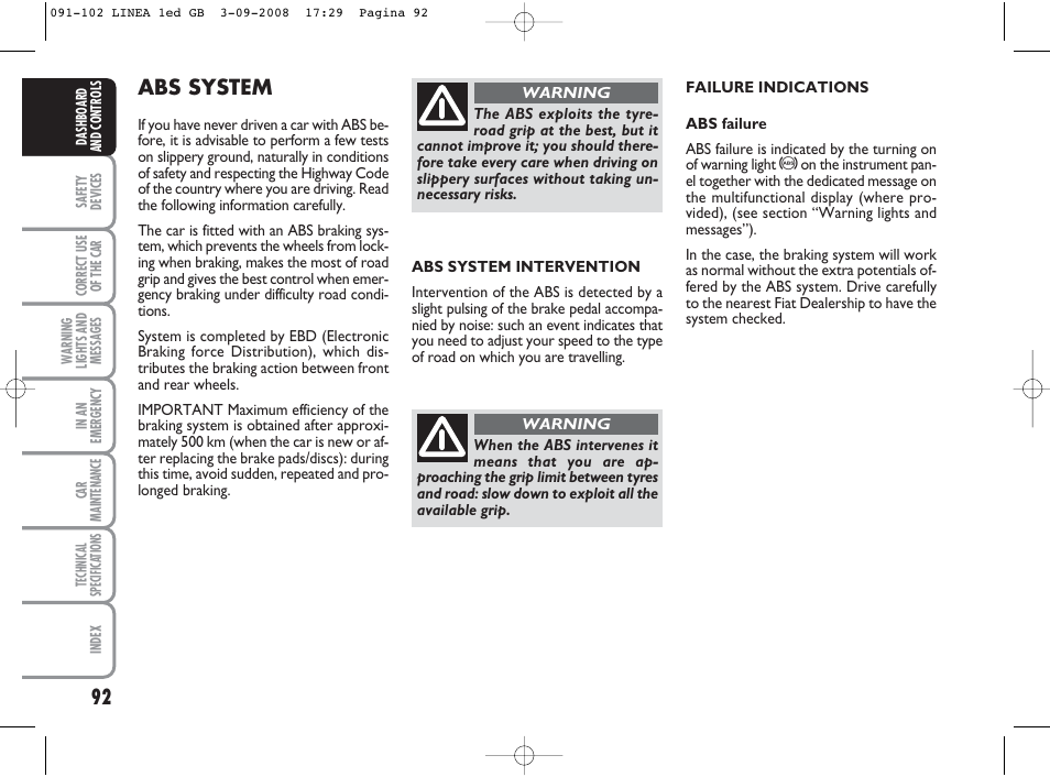 Abs system | FIAT Linea User Manual | Page 93 / 234