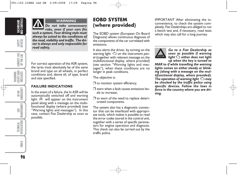 Eobd system (where provided) | FIAT Linea User Manual | Page 97 / 234