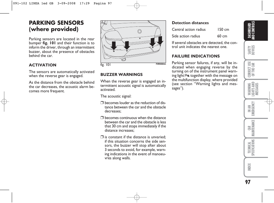 Parking sensors (where provided) | FIAT Linea User Manual | Page 98 / 234